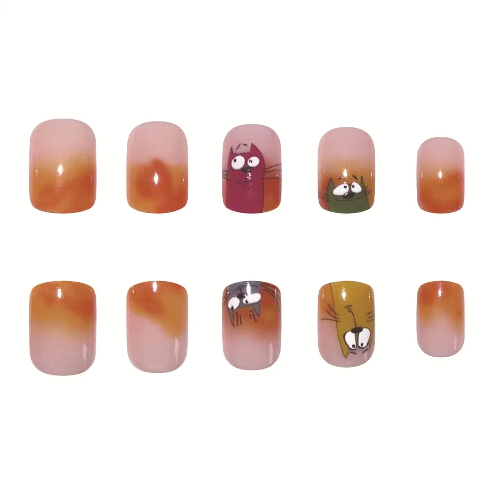 Wearable Manicure French Fake Nails Square Head Gradient Color Press on Nails Short Ballet Laser Powder Full Cover Nail Tips