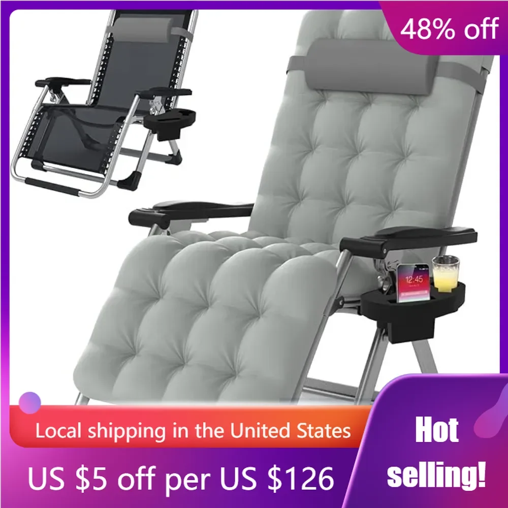 

Camping Lounge Chair Removable Cushion, Upgraded Lock and Cup Holder, Reclining Patio Folding Recliner for Indoor and Outdoor