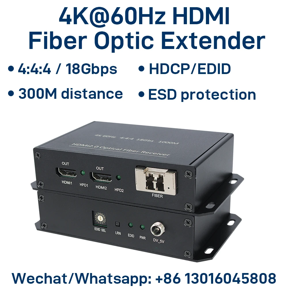 4K@60Hz HDMI 2.0 Fiber Optic Extender, 18Gbps Over OM3/OM4 to 300M in Multi-Mode, HDCP/DDC/CEC Pass-through, Plug & Play