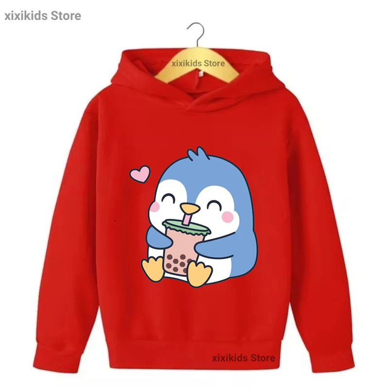 Funny Kawaii Kids Clothes Penguin Loves Milk Tea Cartoon Print Cap Hoodies Girls/Boys Sweatshirt Winter/Spring/Autumn Coat Tops