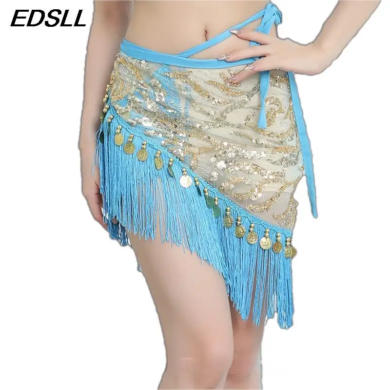 

High Quality Sexy Sequin Tassel Wrap Hip Waist Chain Rhinestone Dancer Stage Costume Adjustable Sequin Belly Dance Hip Scarf