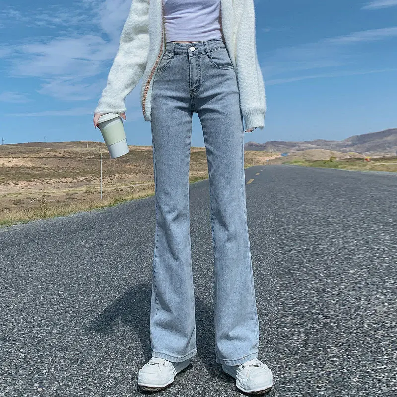 Light Wa Micro Flare Jeans Mujer Slim Fit Cintura alta Adelgazante Tamaño ort Ajustado Elástico Hasta el suelo Pezuña