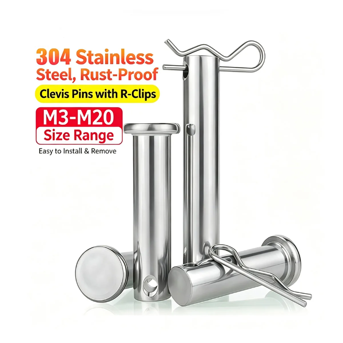 1 Set Assorted 304 Stainless Steel Clevis Pin with Hole & R Cotter Pin  for Mechanical Equipment Assembly Locating Connection