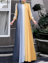 우아한 이슬람 Abaya Hijab 드레스 ZANZEA Eid Mubarek Sundress 가운 Femme 긴 소매 대비 색 맥시 드레스 IsIamic 의류