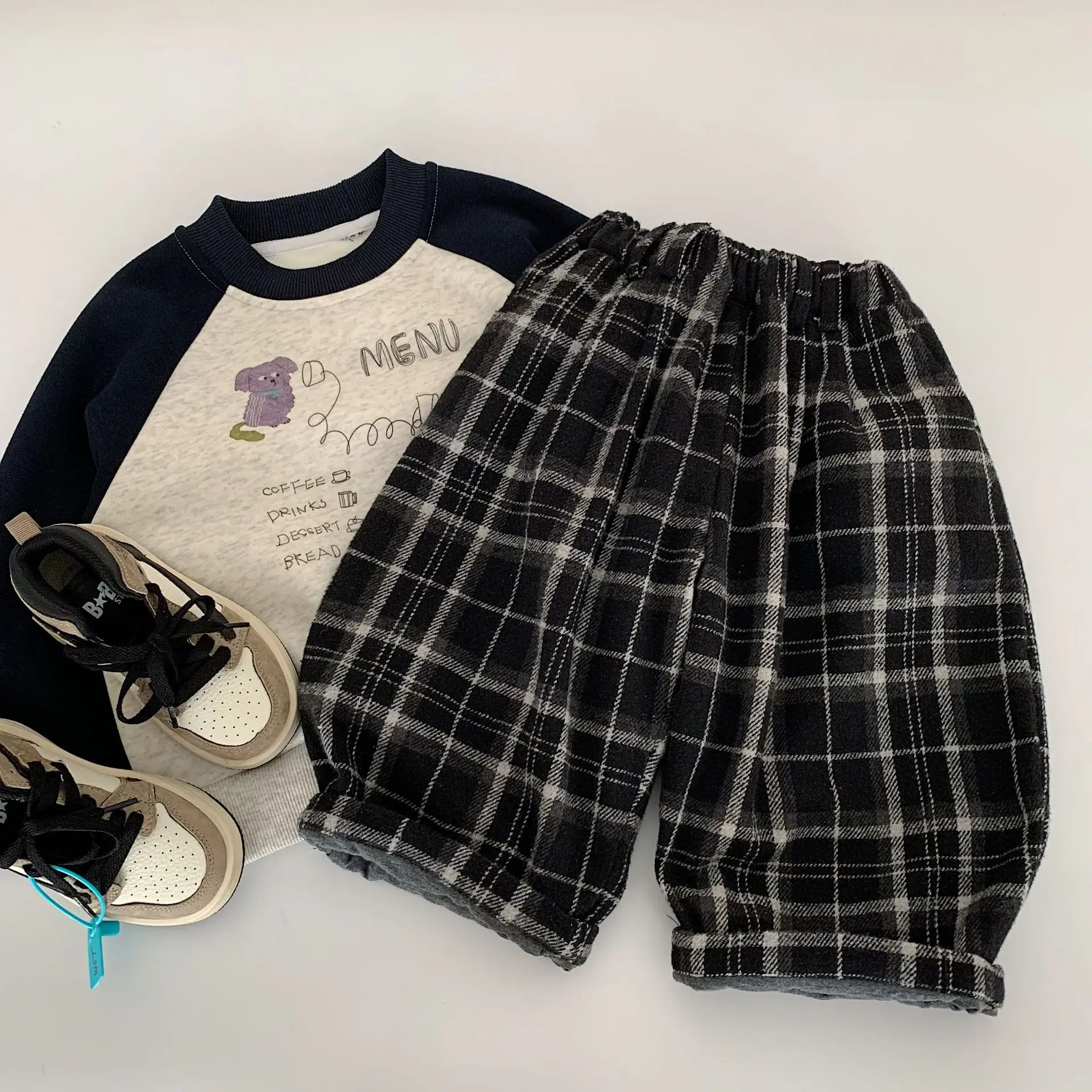 

2025 Winter Toddler Kids Boys Harem Pant Plaid Causal Thick Warm Teenager 3-8Y Boys Trouser Mid Waist Junior Boys Loose Pant