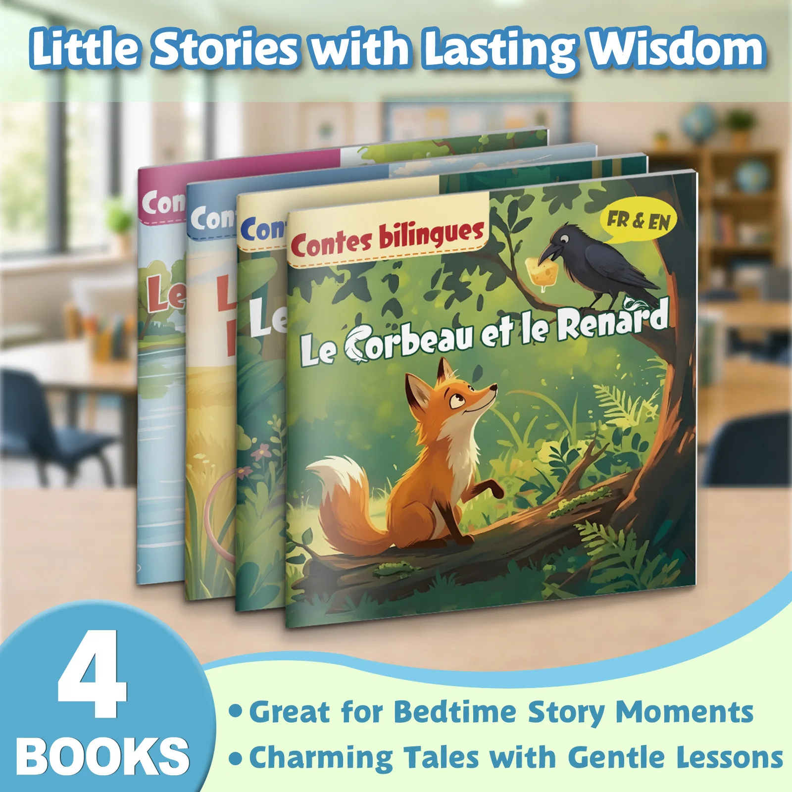 French-English Bilingual Fables 4-Book Set: Classic Picture Storybooks, Crow & Fox, Wolf & Lamb, Town Mouse, Dog & Reflection