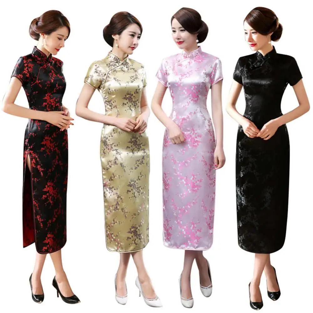 hinese Qipao Cheongsam Dragon Phoenix Print Chinese Traditional Dress Cheongsam Side Slitting Hem Midi Dress Women Cheongsam