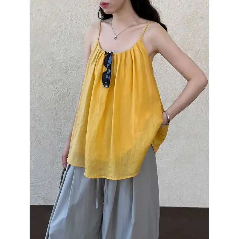 

Women Pleated Linen Camisole Summer Korean Sleeveless Loose Strap Solid Color Tops