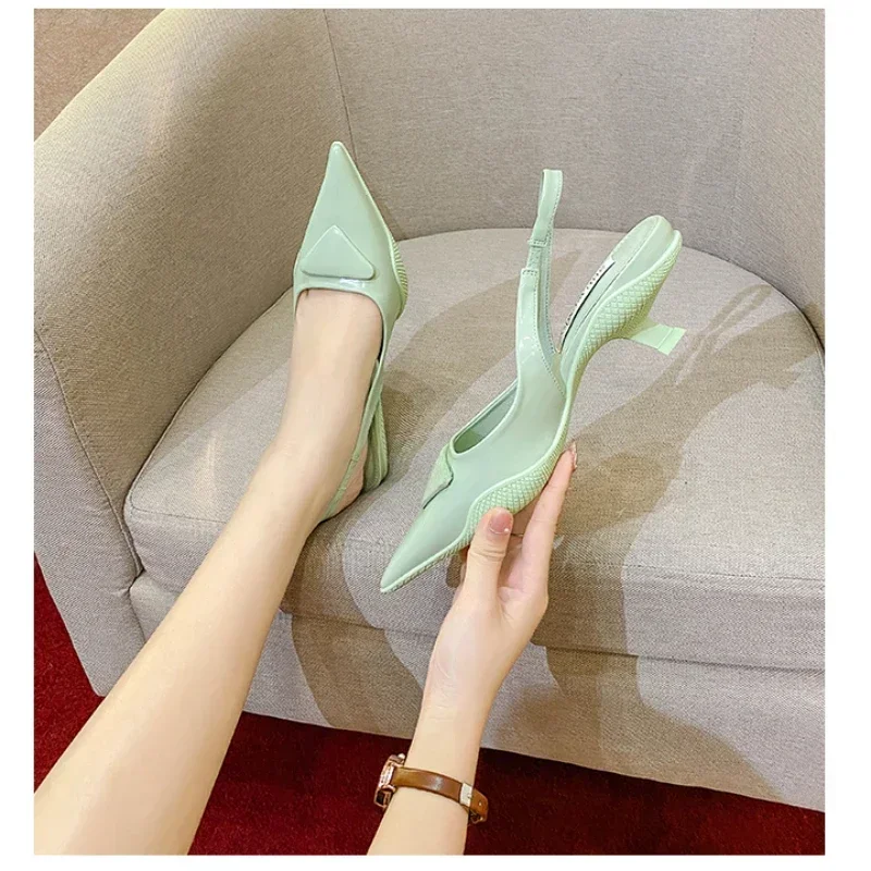 2024 New Baotou Shoes Back Hollow High Heels Sexy Pointed Cat Heel Fairy Style Sandals Girl