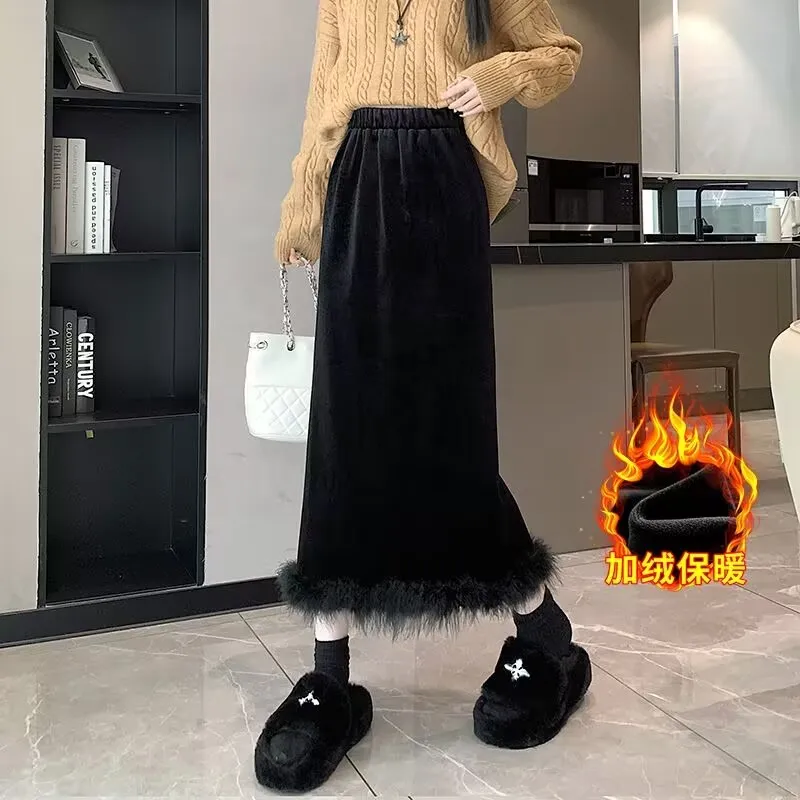 Mid-long Canary Velve Half-length Fleece Skirt Women High Waist One-step Skirt Autumn Winter Hip Skirt Open-forked Elegant Skirt