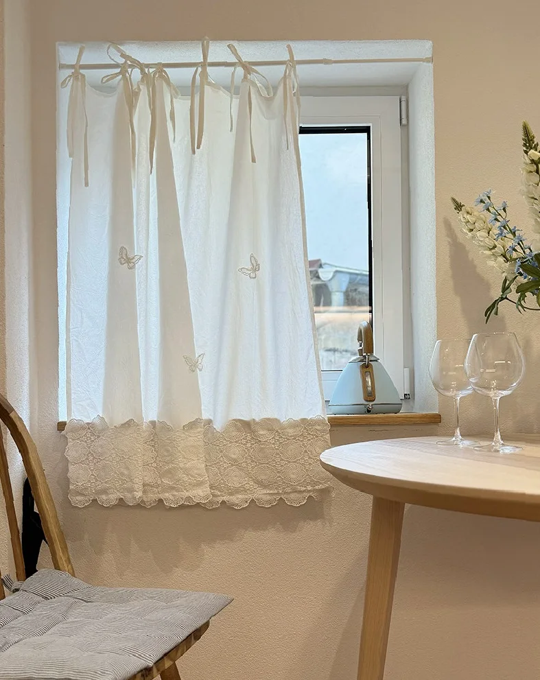 

Cotton French Style Tie-Up Curtain, White Cafe Door Blind No Drill Ties Cabinet Privacy Valance Short Shade for Kitchen Window