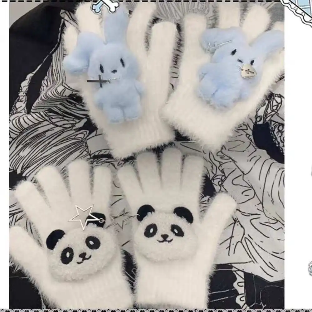 Cute Panda Rabbit Knitted Full Finger Gloves for Women Warm Fleece Winter Glove Birthday Gift Idea Lolita Girl Y2K Accessories