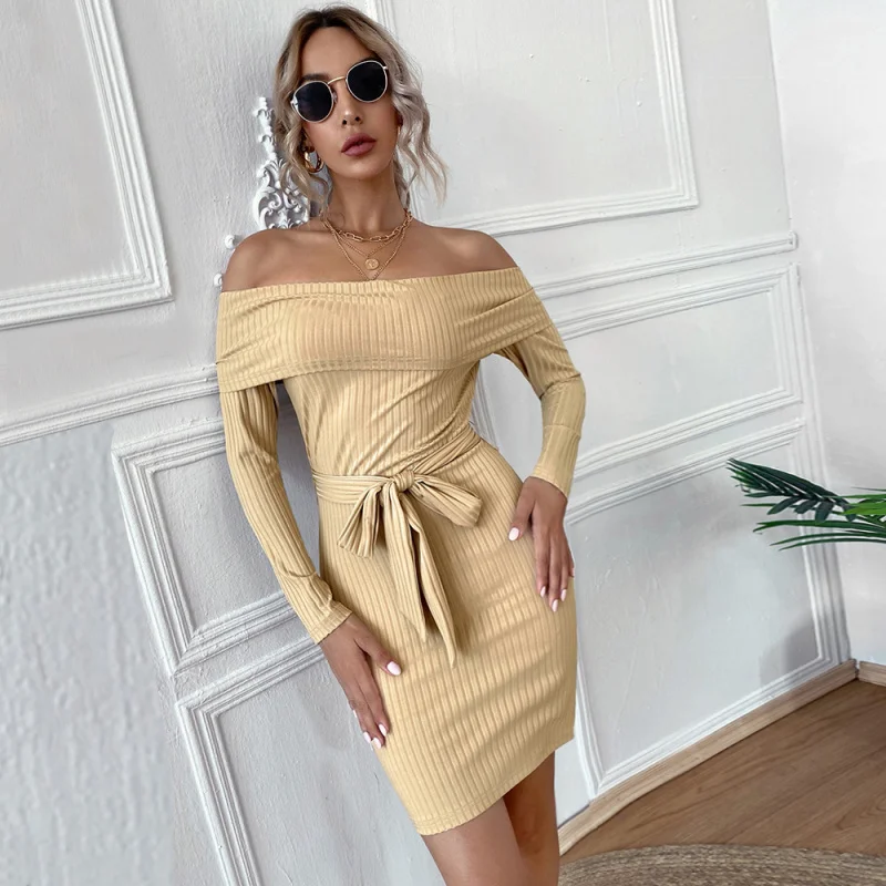 

YQ1-Women's Spring Summer New Sexy Off-Shoulder Long Sleeve Knitted Dress Elegant Commuter Bodycon Short Dress