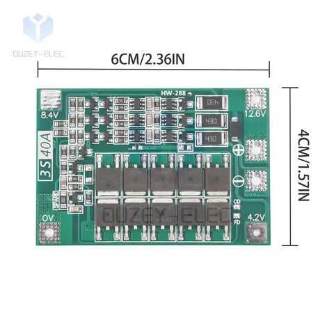 BMS 3S 12V 40A Lithium Battery Protection Board PCB Charger Protection Board Module Board with Balance Charging Auto Recovery
