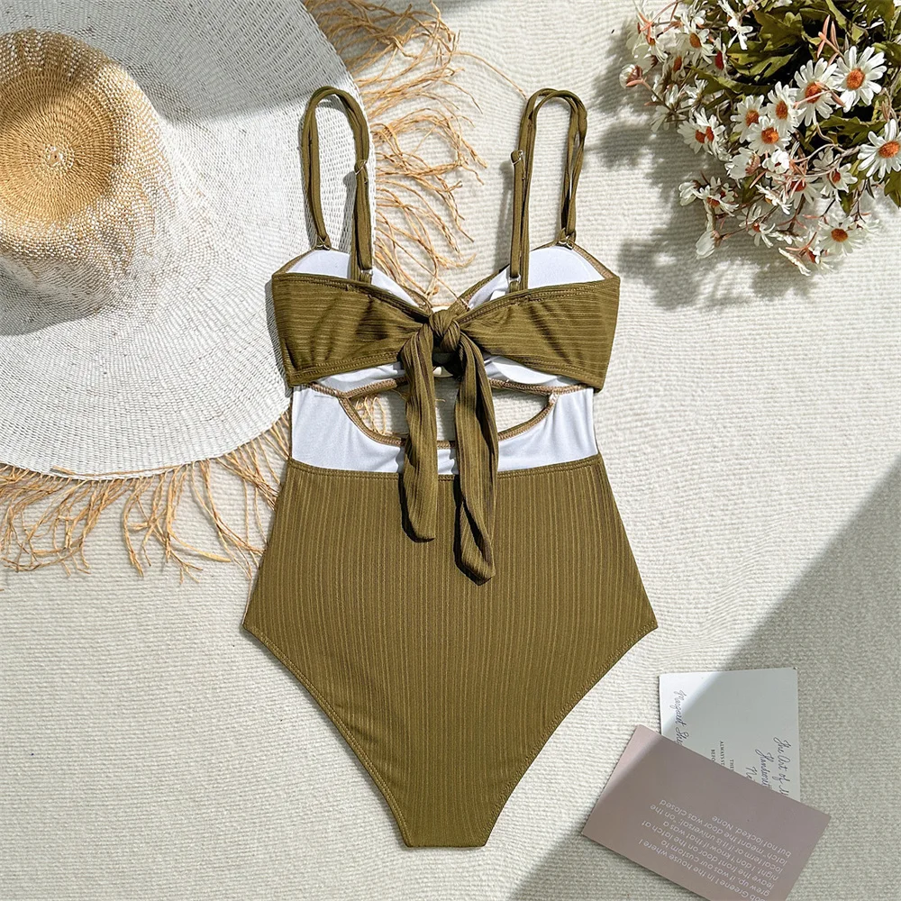 Sexy évider Bikini pansement anneau Monokini femmes noué maillot de bain vacances maillots de bain côtelé plage tenue maillot de bain