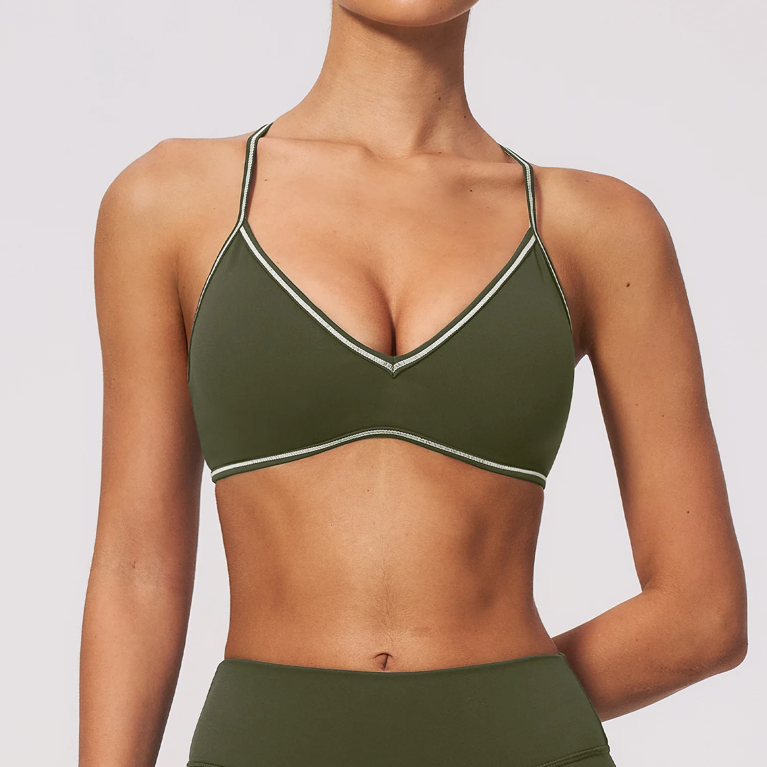 Women Contrast Trim Sports Bra Deep V Neck T Back Open Back Padded Gym Yoga Tank Tops Push Up Workout Activewear Shirts Female