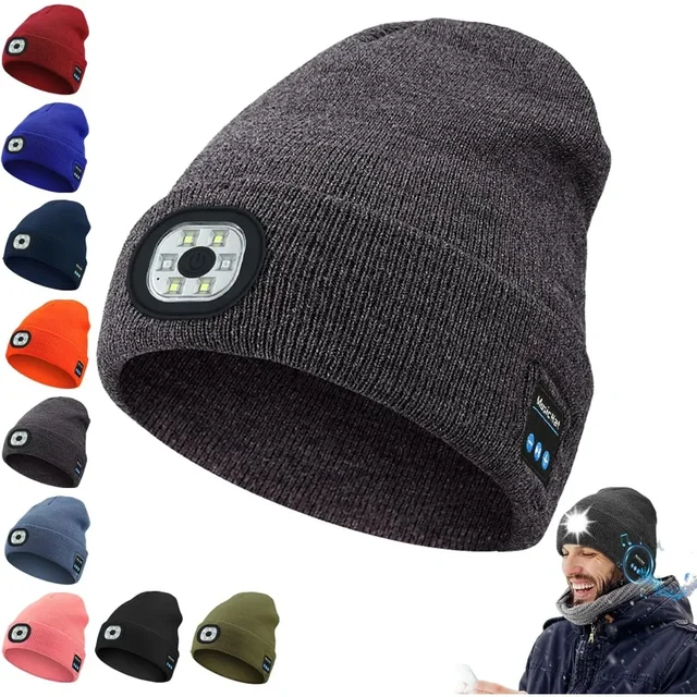 3-in-1 Bluetooth Beanie with Light, 6 LED USB Rechargeable Unisex Headband with Cordless Headphones