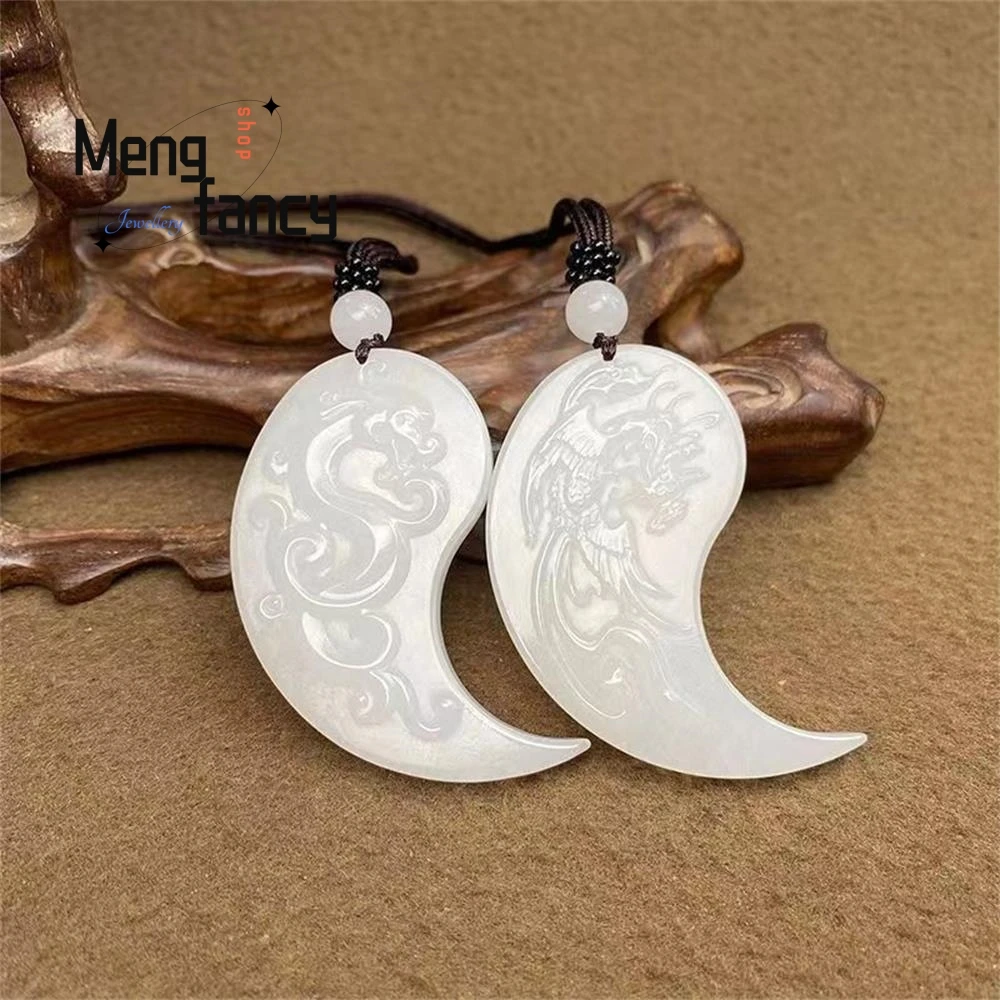 Natural Hetian White Jade Dragon and Phoenix Crescent Pendant Exquisite Elegant Simple High-grade Couple Luxury Fashion Jewelry