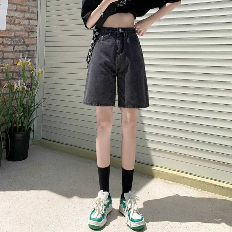 

Pop Wide High Waisted Black Shorts Jeans Women Y2k Summer Female Vintage Blue Straight Denim Short Korean Casual Knee Length Pan
