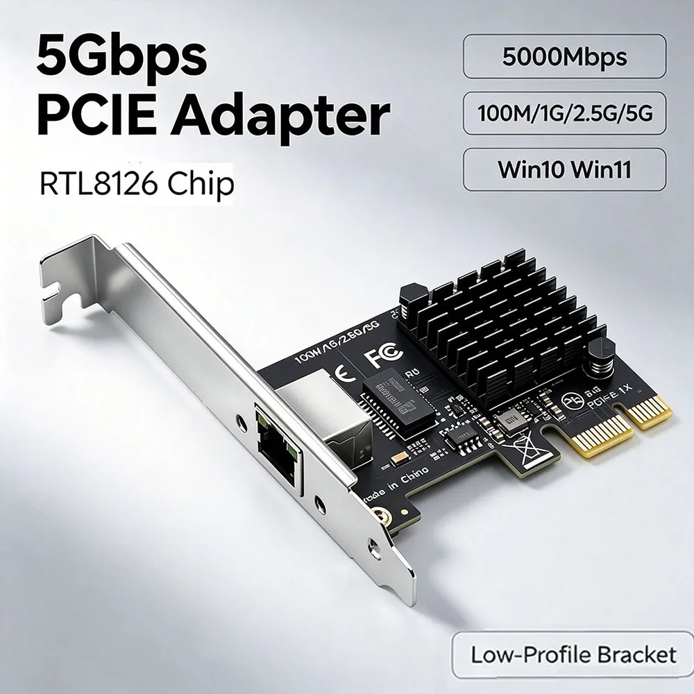 5 Гбит/с 5000 Мбит/с PCI‑E RJ45 Ethernet-карта с чипом RTL8126, адаптер LAN 100M/1G/2.5G/5G для настольного ПК с Windows 10/11, низкопрофильный кронштейн
