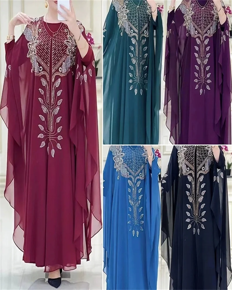 

African Islamic Dress Chiffon Heavy Industry Hot Diamond Robe Middle Eastern Muslim Luxury Fashion Short Sleeve Women's Clothing