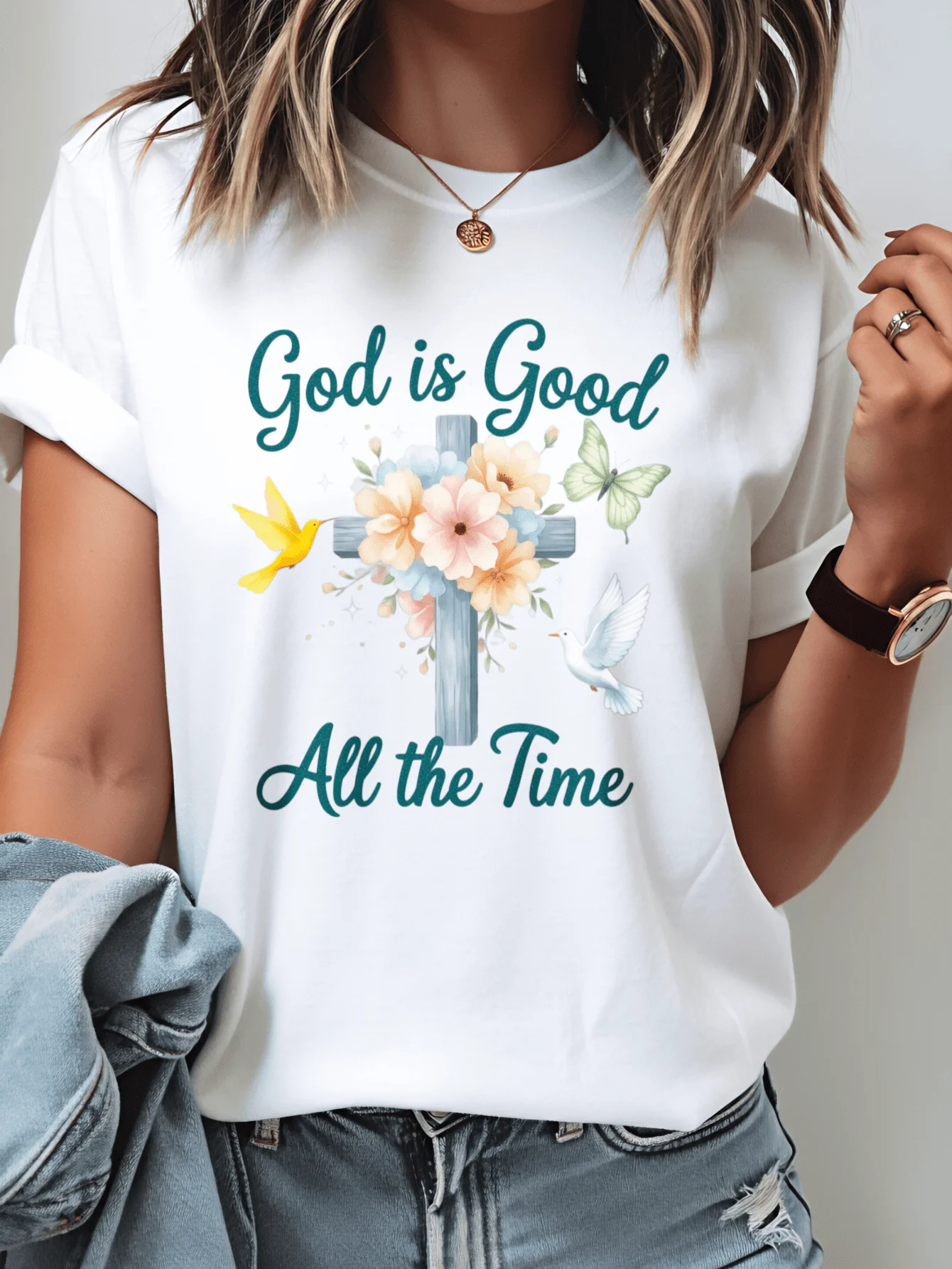 Breathable White T-Shirt with Floral Cross Print, Women's Casual Round-Neck T-Shirt, Versatile Machine-Washable Top, Spiritual Wear