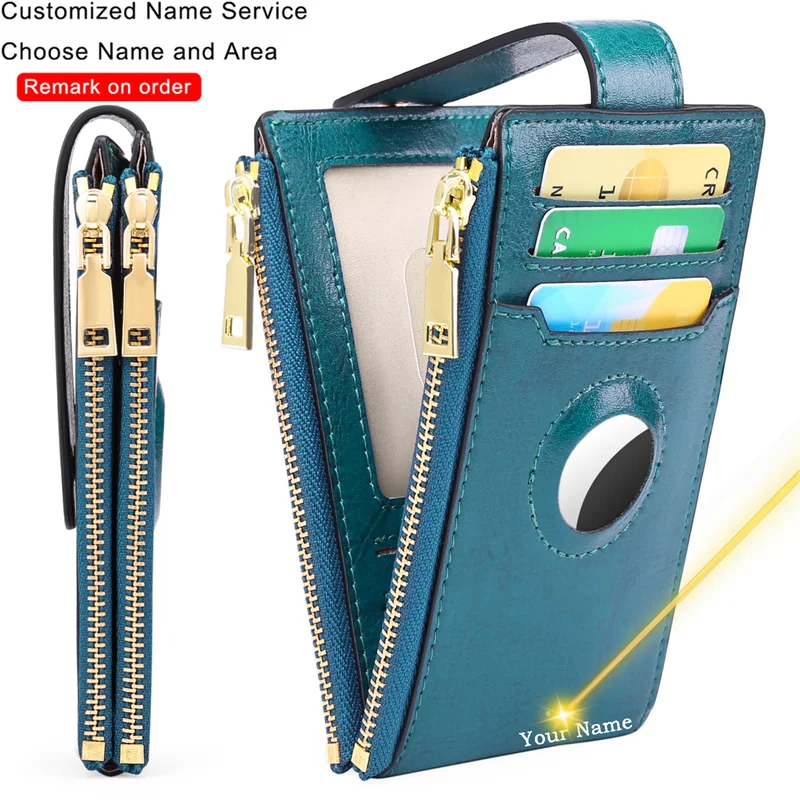 Customized Name Logo Card Holder Retro Men Woman Leather Zipper Hasp Wallet RFID Apple Airtag Purse Two Layer Cowhide Money Bags