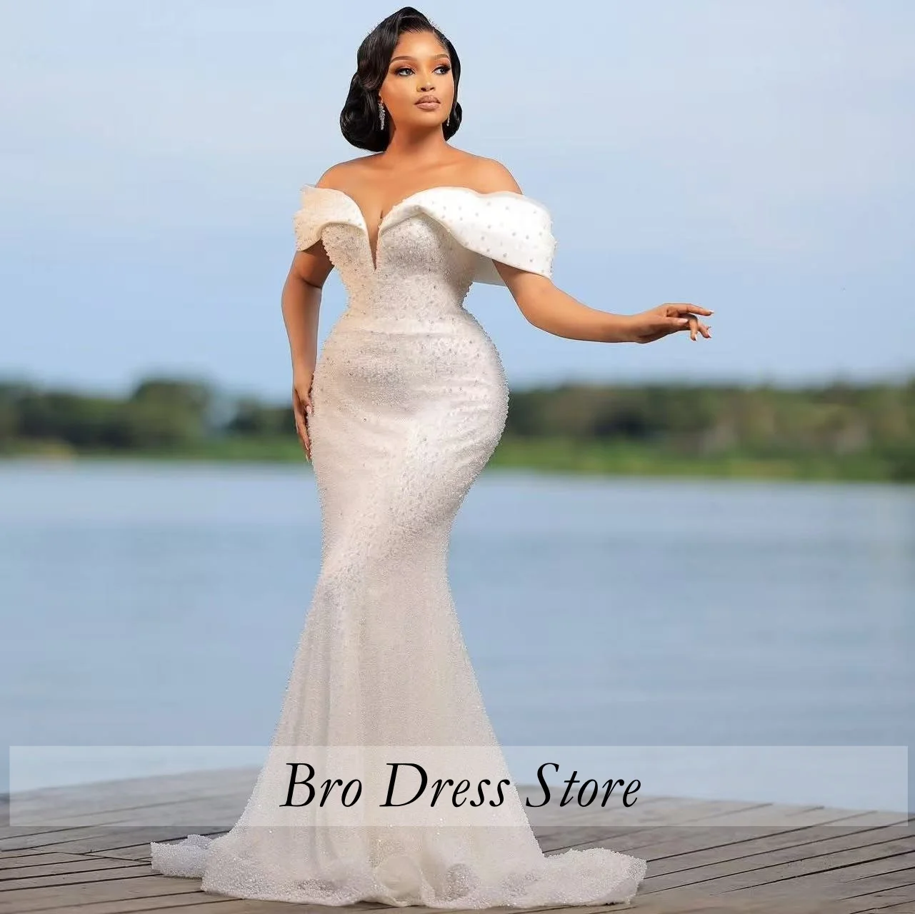 Customized Exquisite Wedding Dresses For Girls White Graceful Mermaid Off Shoulder Pearls Stain Gowns Vestido De Novia