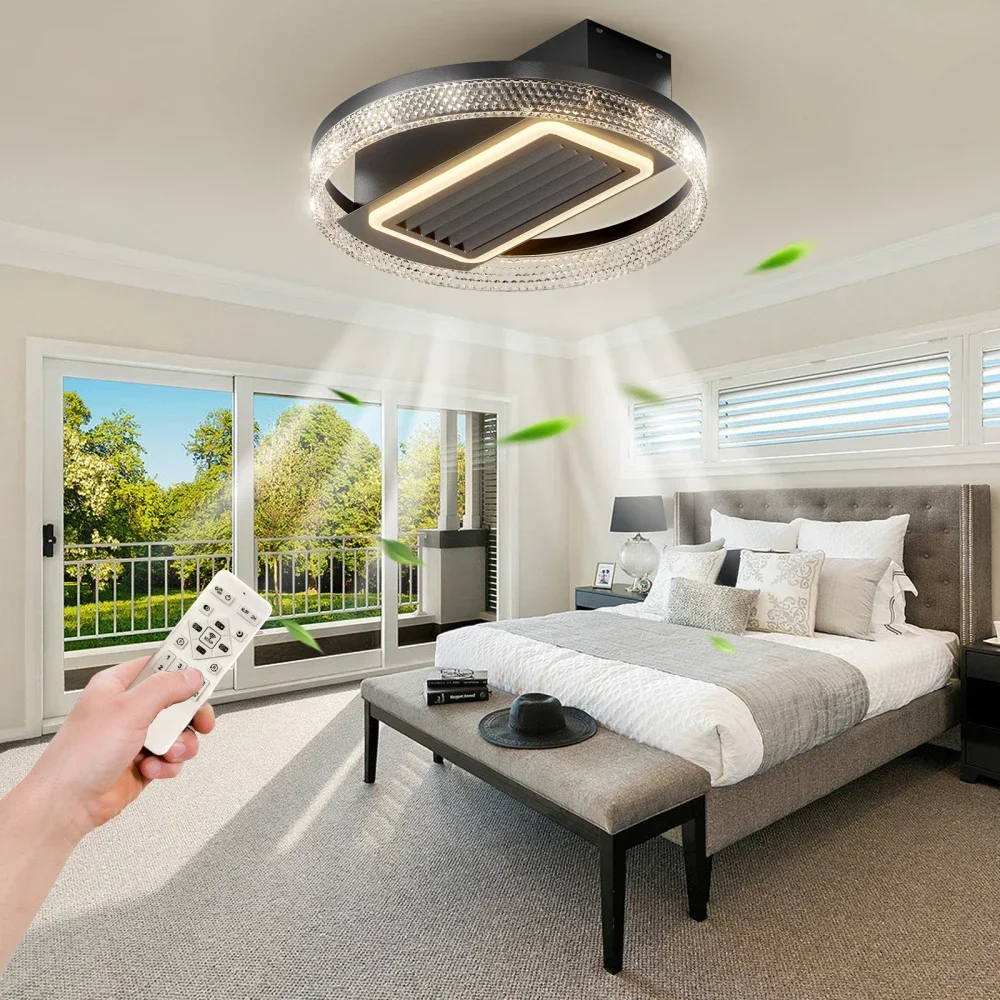 

20inch Modern Bedroom Fan with Light Round Bladeless Invisible Ceiling Lamp LED RC Silent Electric Fan Ventilator