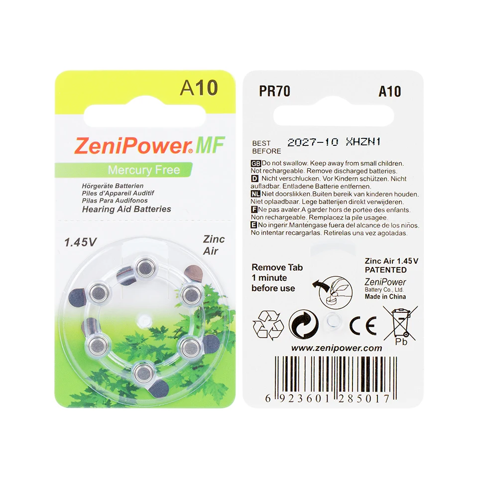 60pcs/Box Zenipower Zinc Air Hearing Aid Batteries 10 A10 10A Hearing Aid Battery