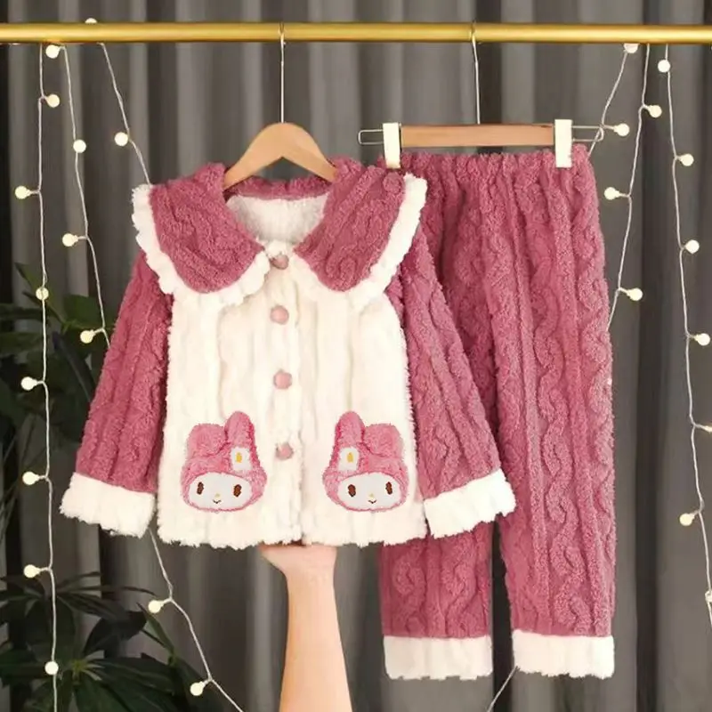 2023 New Winter Girls Home Pajamas Set Home Clothes Sanrio My Melody Cinnamoroll Cute Warm Pajamas Flannel Set Holiday Gift