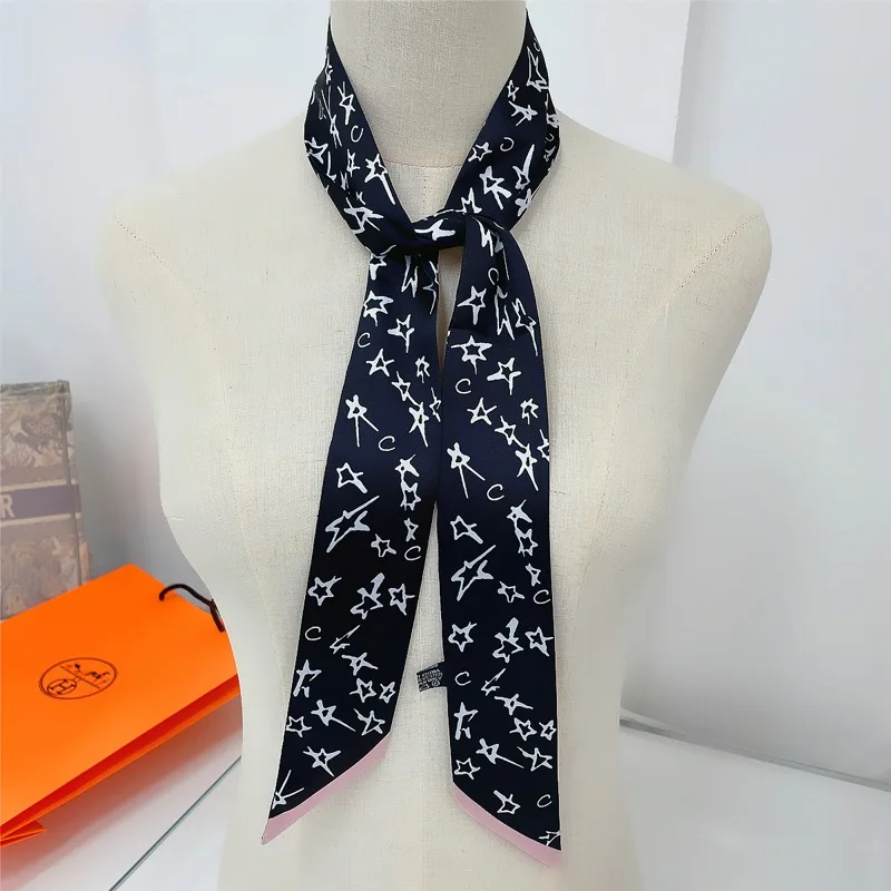 Black And White Flower Print Women Fashion Skinny Small Bag Twill Silk Scarf Ribbon Head Hair Handle Tie Scarf For Women