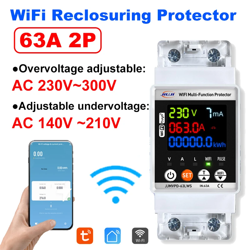 Tuya WiFi Automatic Reclosuring Protector 63A2P Intelligent Circuit Breaker Long-range Control Over And Under Voltage Protection