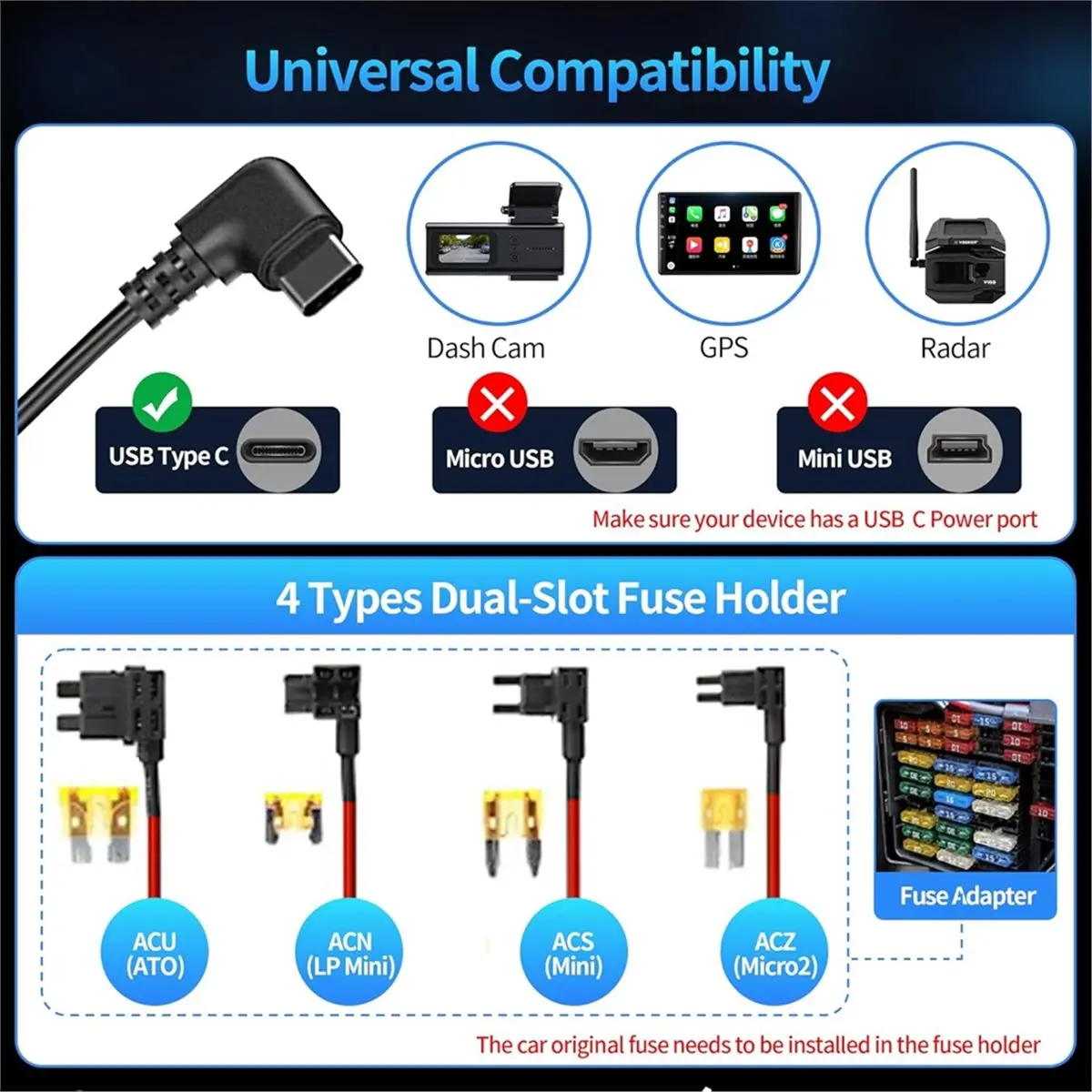 SWXF Universal USB-C Dash Cam Acc Hardwire Kit with LED Voltmeter and Adjustable Low Voltage Protection,24H Monitoring