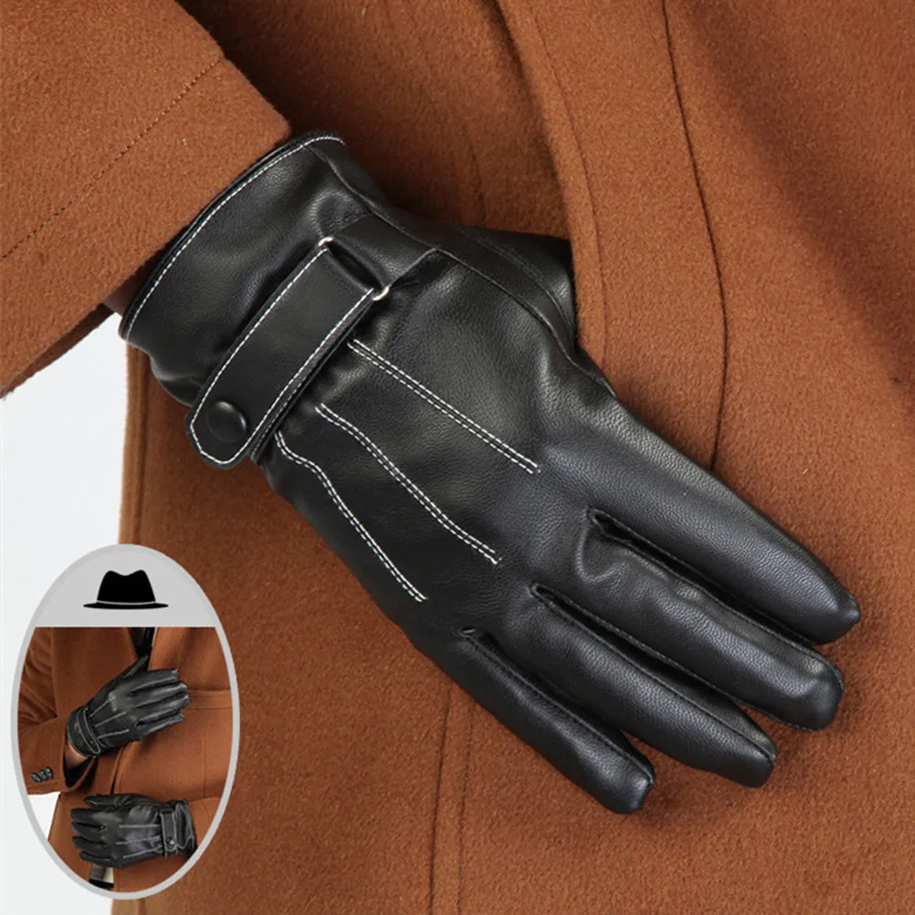 

Elegant Men'S Pu Winter Warm Windproof Waterproof Touch Screen Mittens Thick Thermal Fleece Lining Anti Slip Palm For