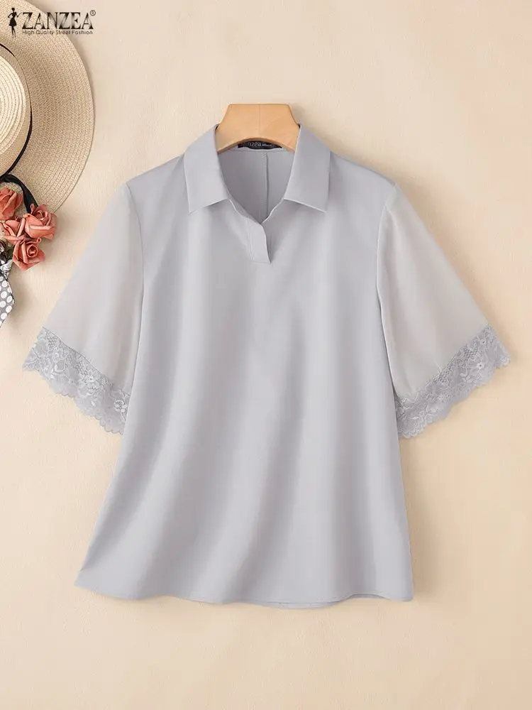 

2026 ZANZEA Summer Fashion Shirt Women Elegant Short Sleeve Work Blouse Stylish Lace Patchwork Tops Solid Hollow Out Tunic Femme