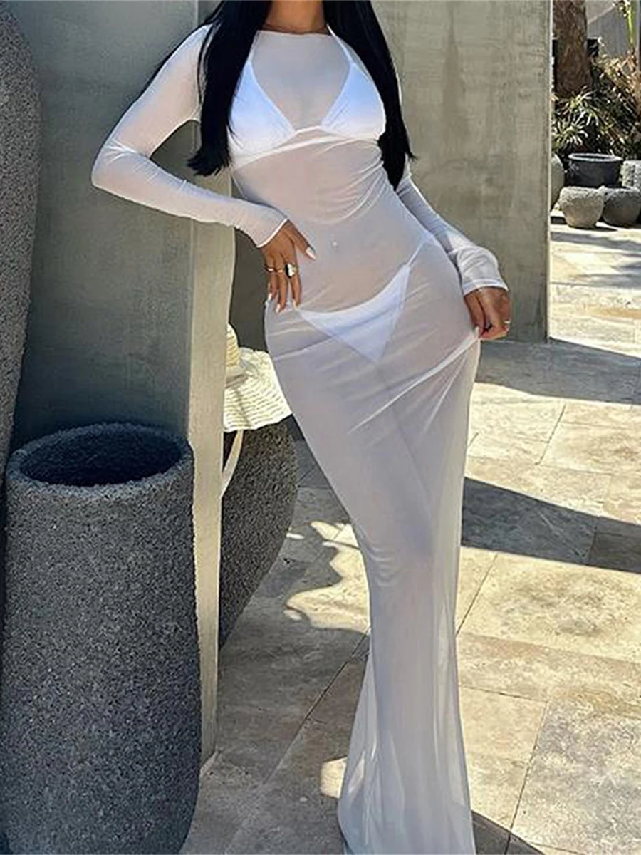 فستان نسائي بقماش شفاف بلون سادة ورقبة قارب وأكمام طويلة فستان طويل شفاف من خلال فساتين غطاء نادي الشاطئ المثير