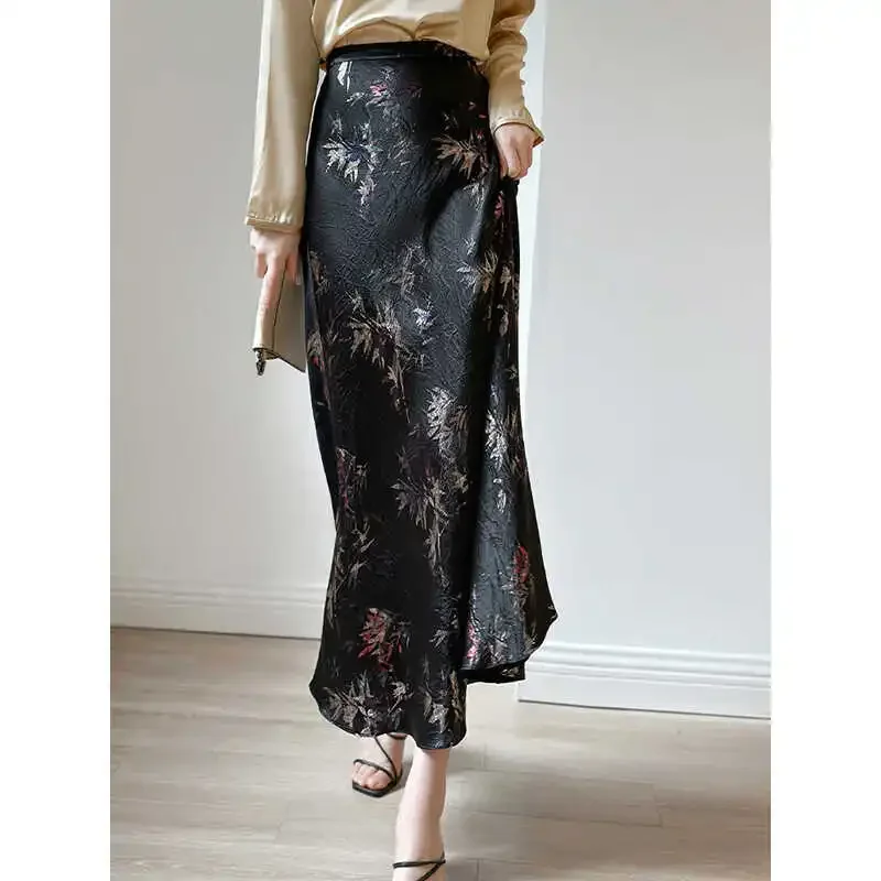 Medium-Length High-Waisted Bamboo Leaf Printing Vinegar Silk Skirt A- Line Fish Tail Half Skirt Chinese Style