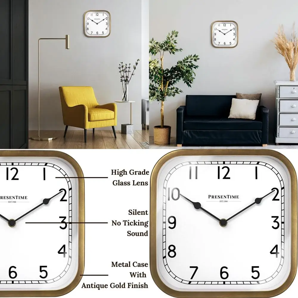

Vintage 10 Square Wall Clock, Silent & Dual-Purpose, Antique Gold Finish, Hamilton Style
