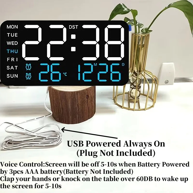 Voice Control Digital Wall Clock TEMP Date Week 2 Alarm Snooze Table Clock DST 5 Level Brightness Auto Dimmable 12/24H LED Clock