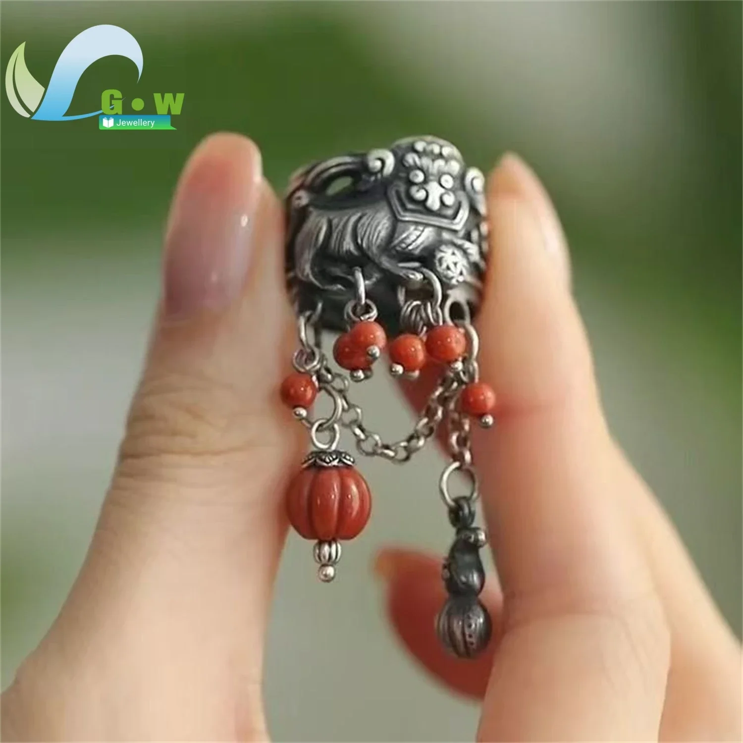 Classical Elegant Chinese Awakening Lion Dance Rolling Embroidered Ball Open Adjustable Pinky Tail Ring Jewelry