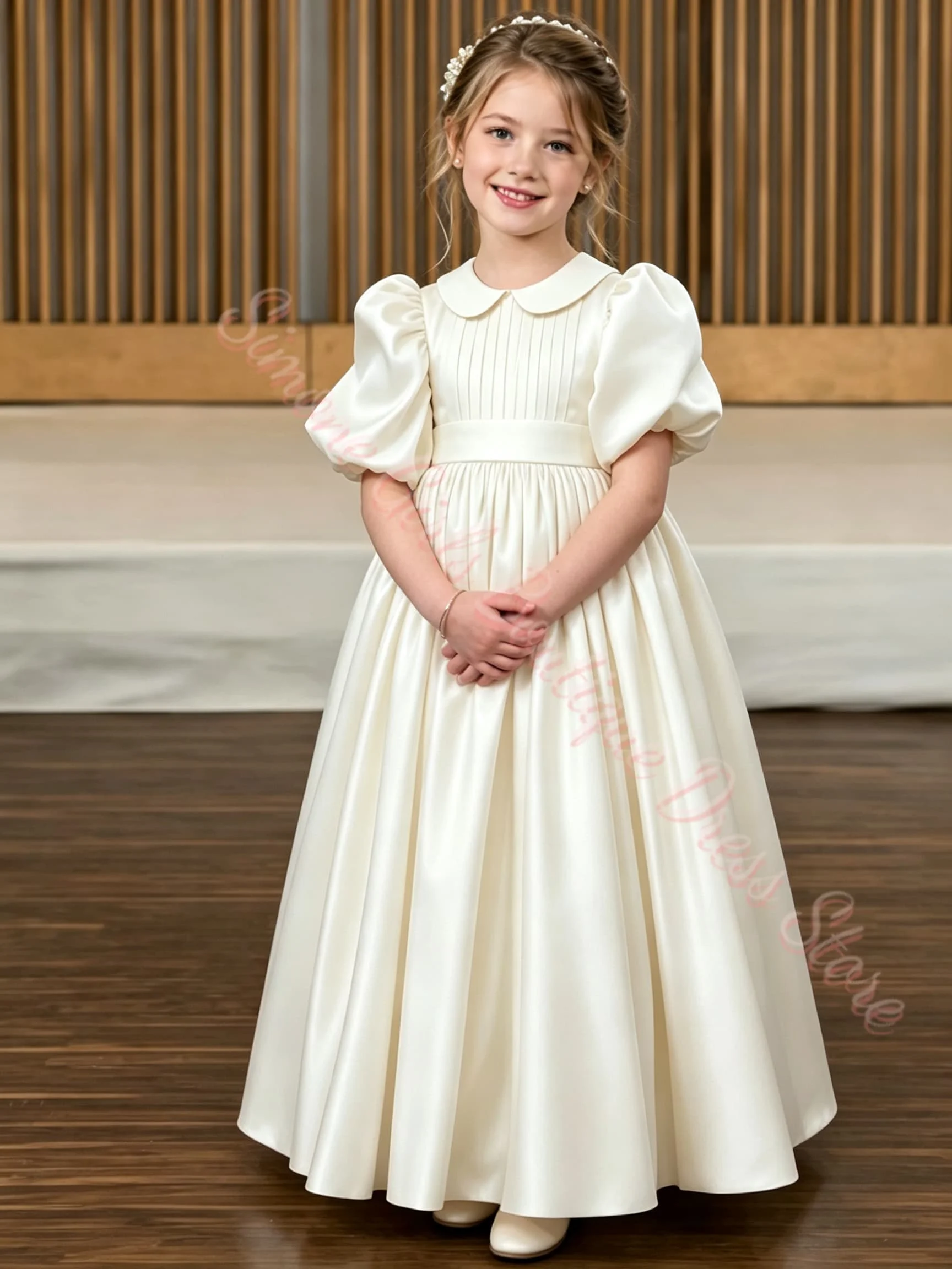 Maßgeschneidertes blaues Blumenmädchenkleid für Hochzeiten, plissiert, hohe Taille, halbe Ärmel, bauschiges Kleid für Kindergeburtstage, Erstkommunion. – Detail 5