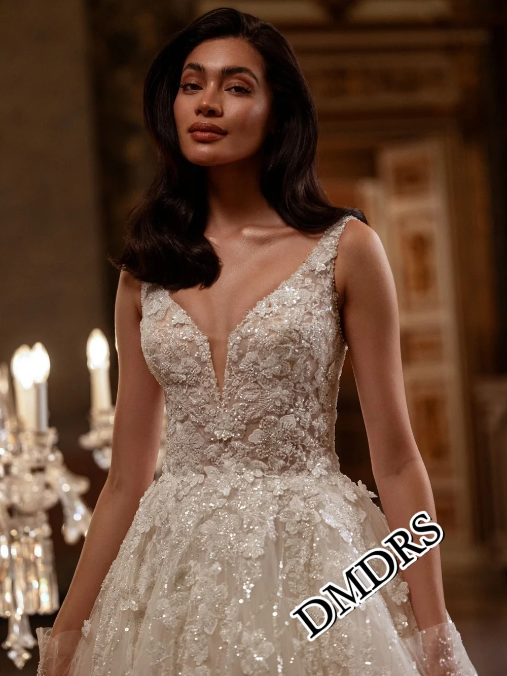 

DMDRS Romantic Deep V-Neck Wedding Dress Elegant Appliquéd Bridal Gowns Charming A-Line Floor-Length Wedding Gowns Vestidos De N