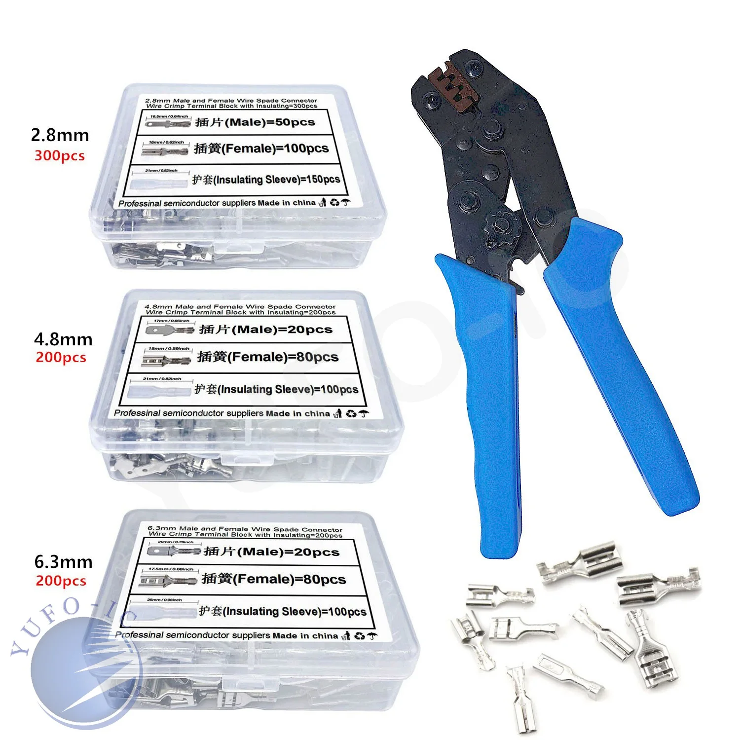 2.8mm/4.8mm/6.3mm Spade Crimp Terminal Female Male Connector Kit Wire 22-16 AWG Block For 0.5mm2-1.5mm2 Pliers Insulating Sleeve