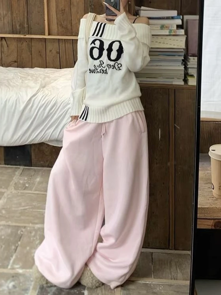 

HOUZHOU Pink Letter Embroidery Vintage Women Pants Y2k Sweet Wide Leg Korean Fashion Straight Padded Trousers Casual Winter