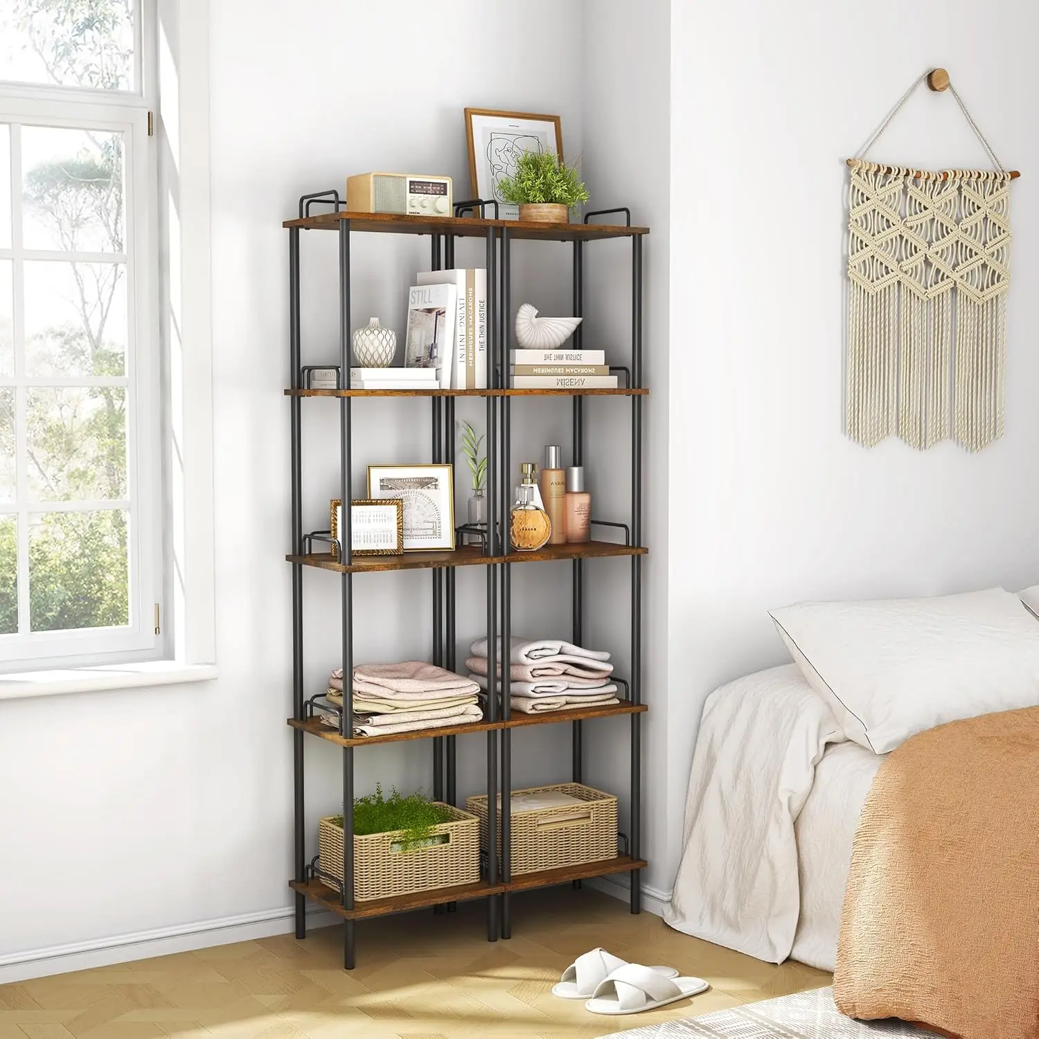 5-Tier Foldable Walnut Bookcase Bedroom and Study Room Durable Solid Wood Construction No Assembly Required 11 x 14 x 59 Inches