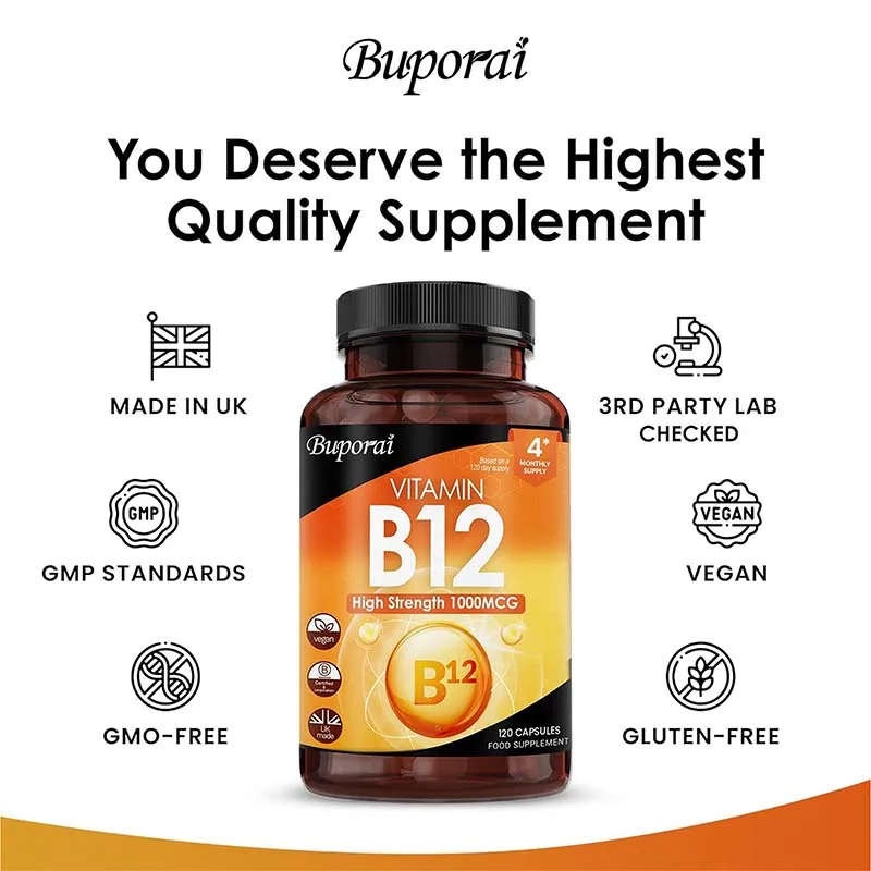 فيتامين ب12 عالي القوة 1000 ميكروجرام - يقلل من التعب، ويفز وظيفة الدماغ والقلب، ويزيد من مستويات الطاقة، والتمثيل الغذائي
