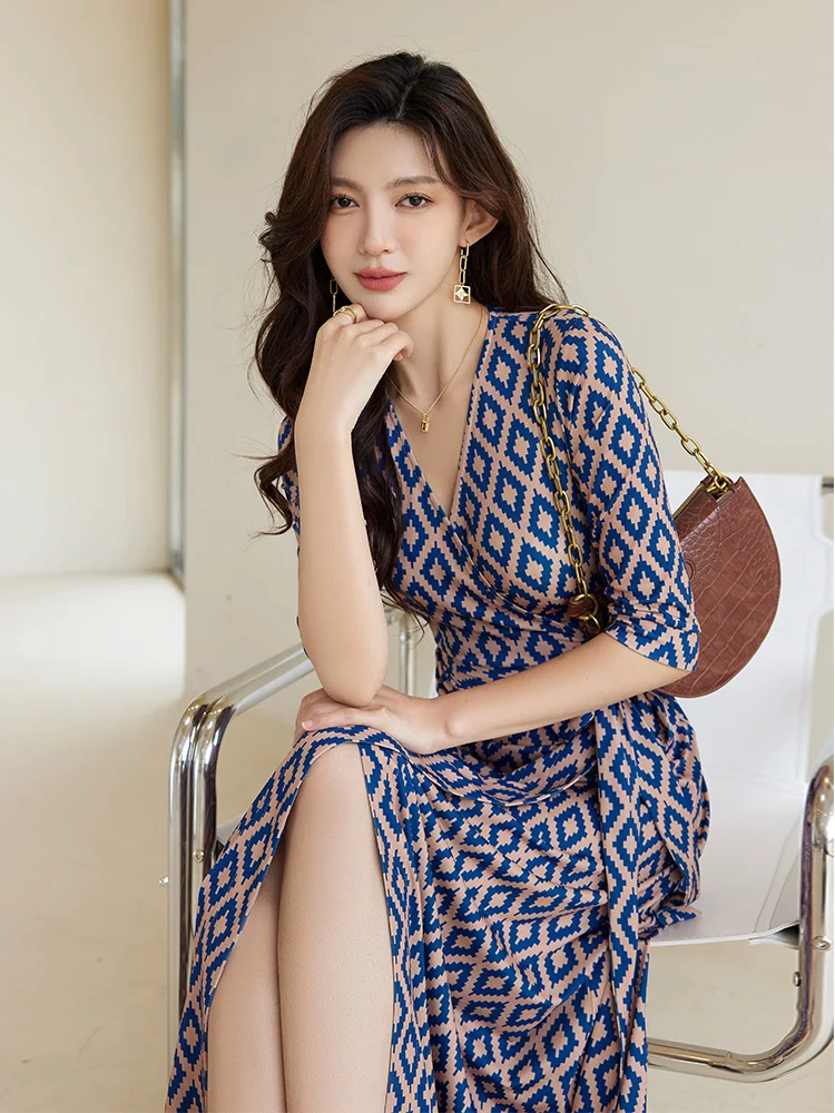 

Ele Plaid Wrap Dr Slimming Waist Design Summer New Arrival Women's Faion High Waist V-Ne Long Sve H-ape Knitt...