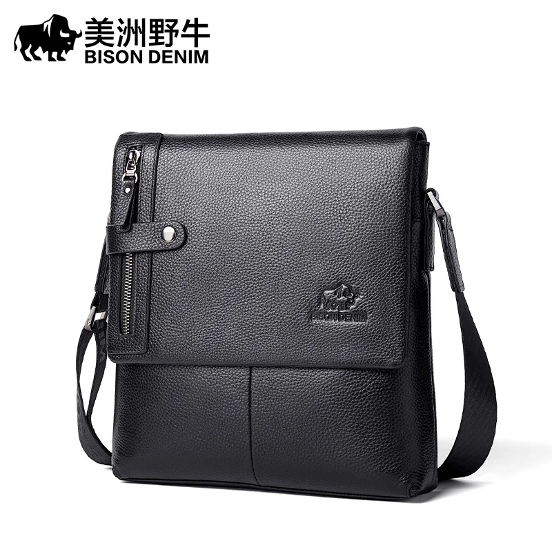 BISON DENIM Classic Black Male Bag Genuine Leather Business Crossbody Bag iPad Mens Messenger Bag Casual Bolsas Male N2845 2023