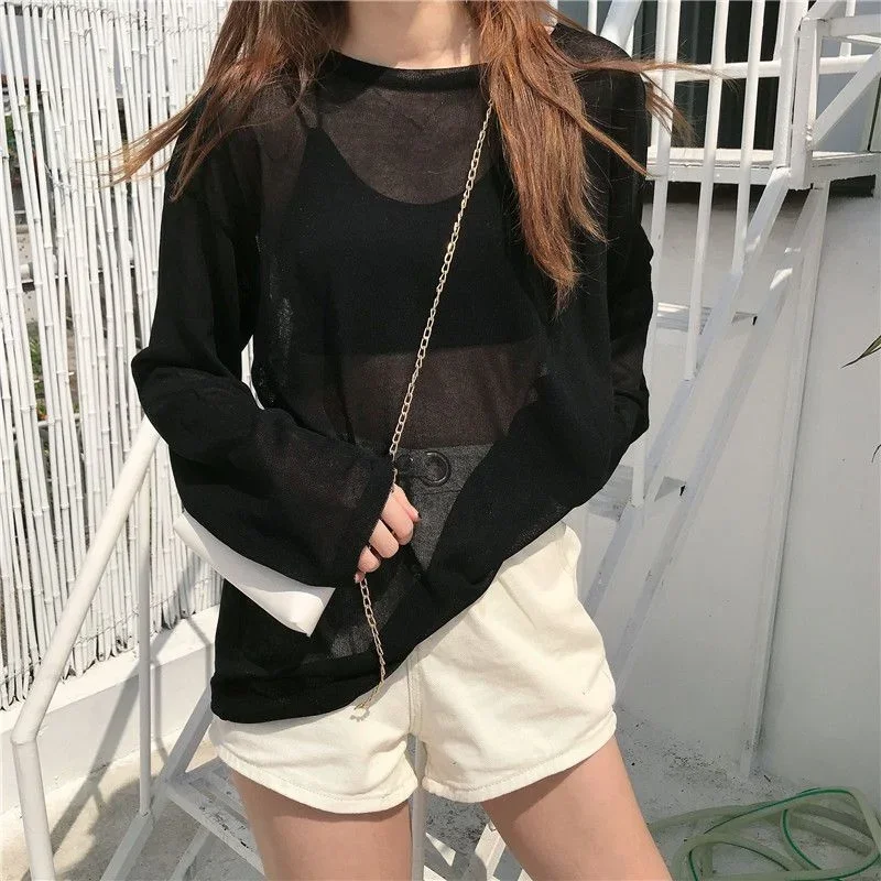 Long Sleeve T-shirts Women Loose Summer Sun-proof Korean Version See Through Thin Tops Leisure Sexy Chic Female Holiday Street